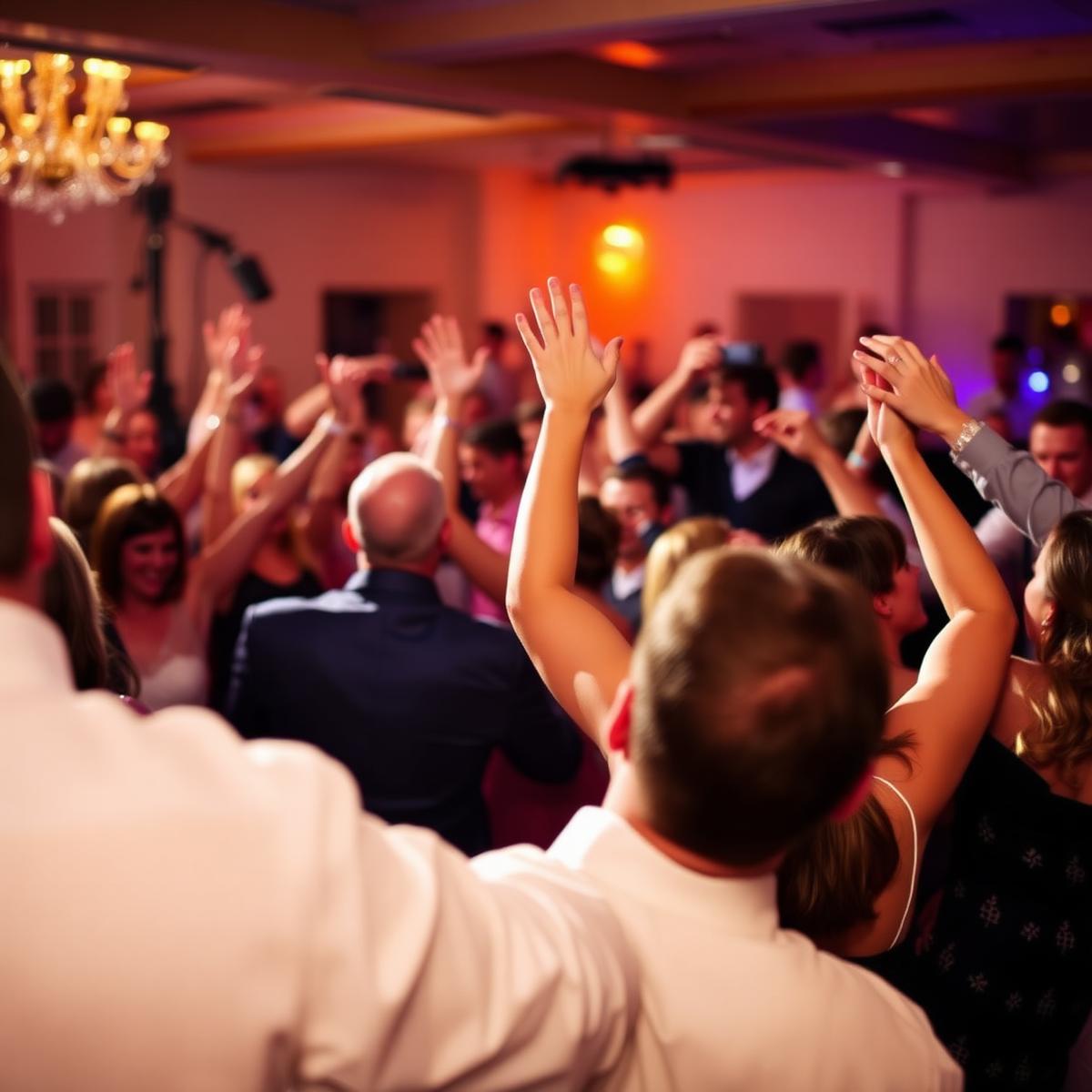 Packed wedding dance floor with hands raised