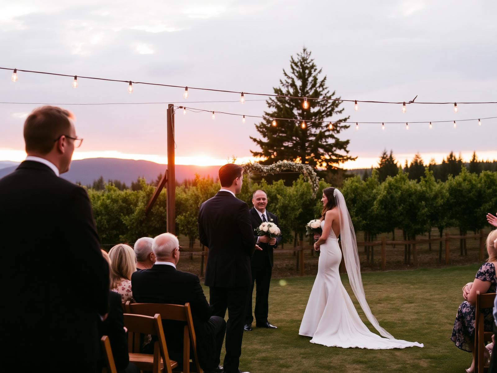 Outdoor Oregon vineyard wedding ceremony at sunset